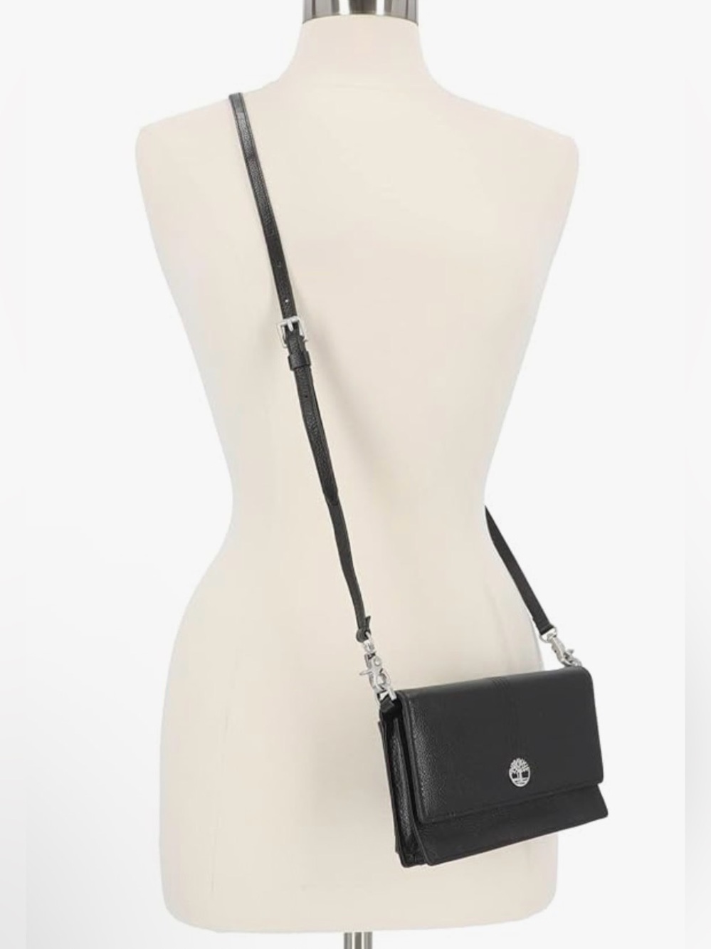 Timberland Black Pebble-Grain Leather Crossbody Wallet with Silver Logo